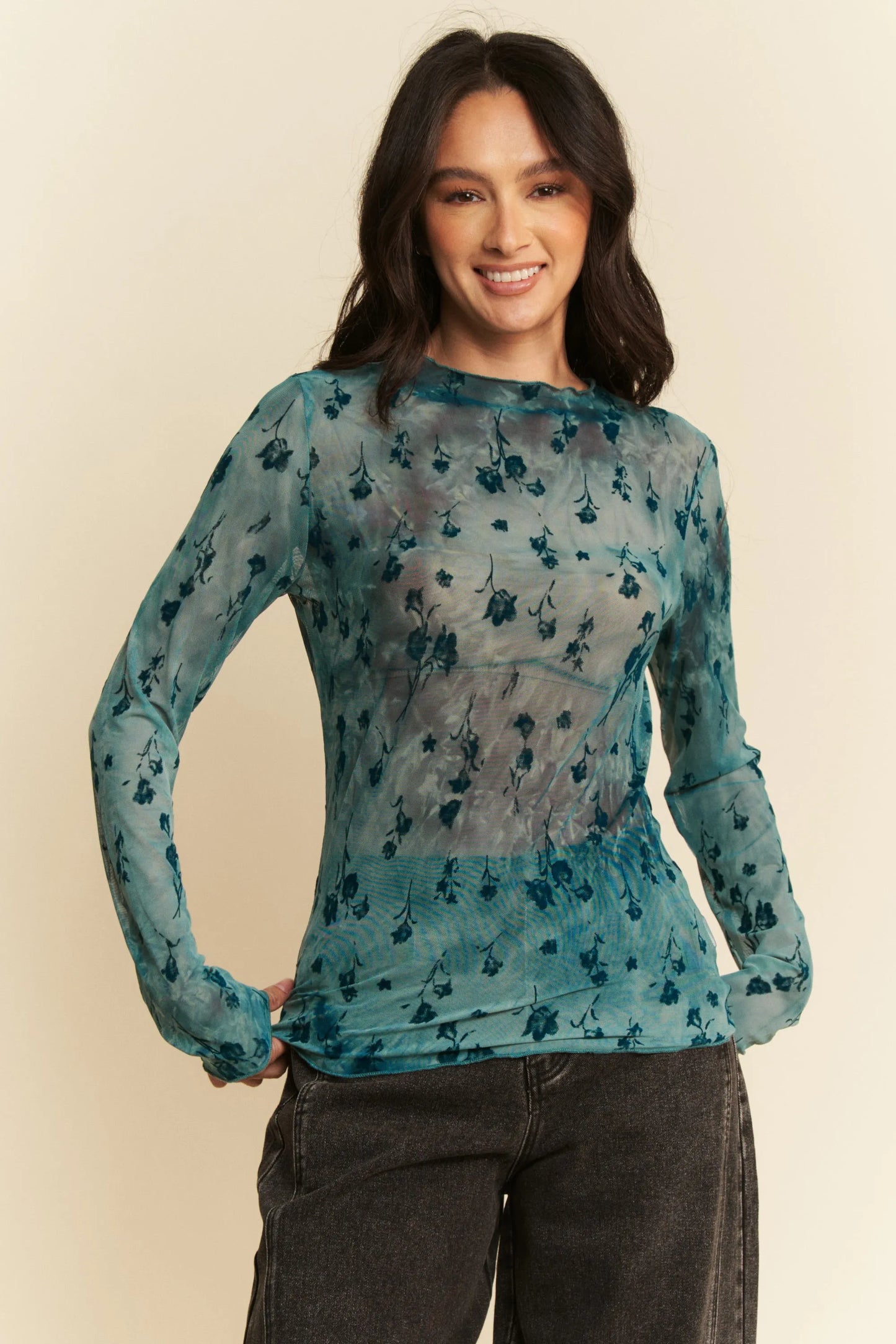 Davi & Dani Floral Mesh Long Sleeve Sheer Layering Top