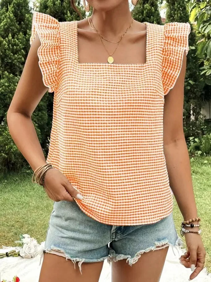 Ruffle Sleeve Gingham Square Neck Top