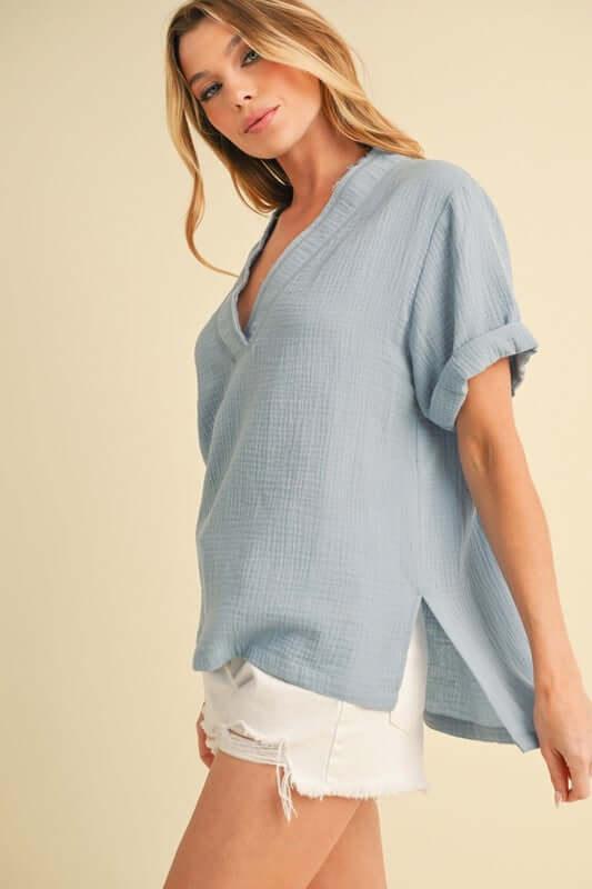 Aemi + Co Side Slit V-Neck Short Sleeve Blouse