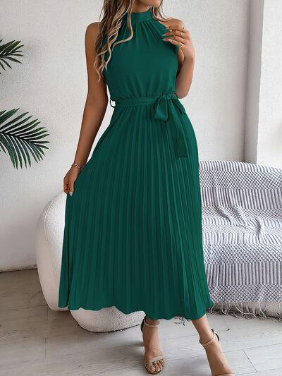 Grecian Neck Tie Waist Pleated Dress