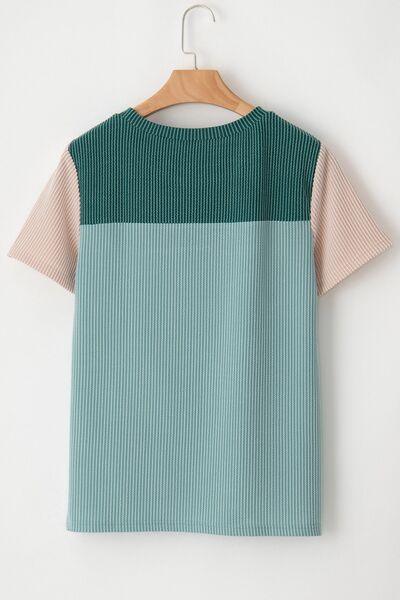 Color Block Round Neck Short Sleeve T-Shirt - Clothes For Her Online Store