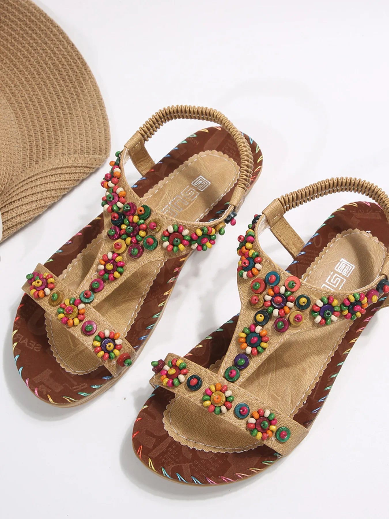 Beaded T-Strap Flat Sandals
