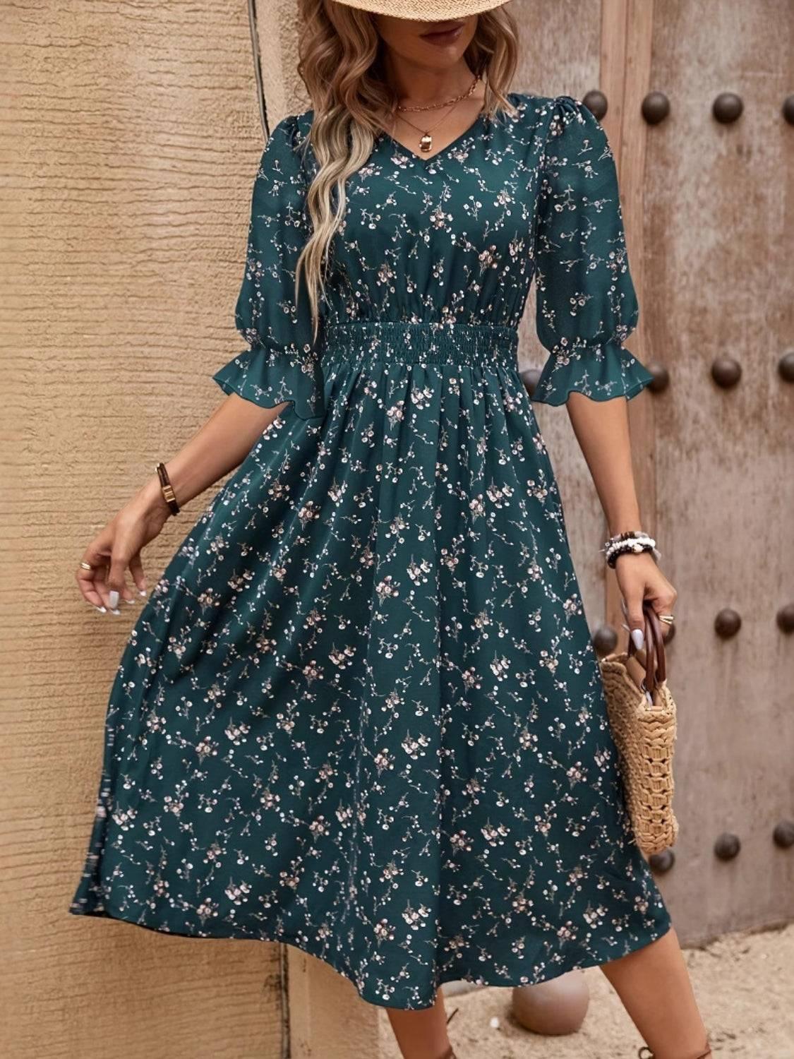 Smocked Waist Floral Flounce Sleeve Midi Dress