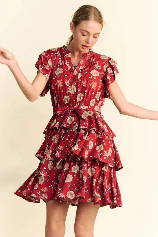 Davi & Dani Ruffle Flutter Sleeve Tie Belt Tiered Mini Dress - Clothes For Her Online Store