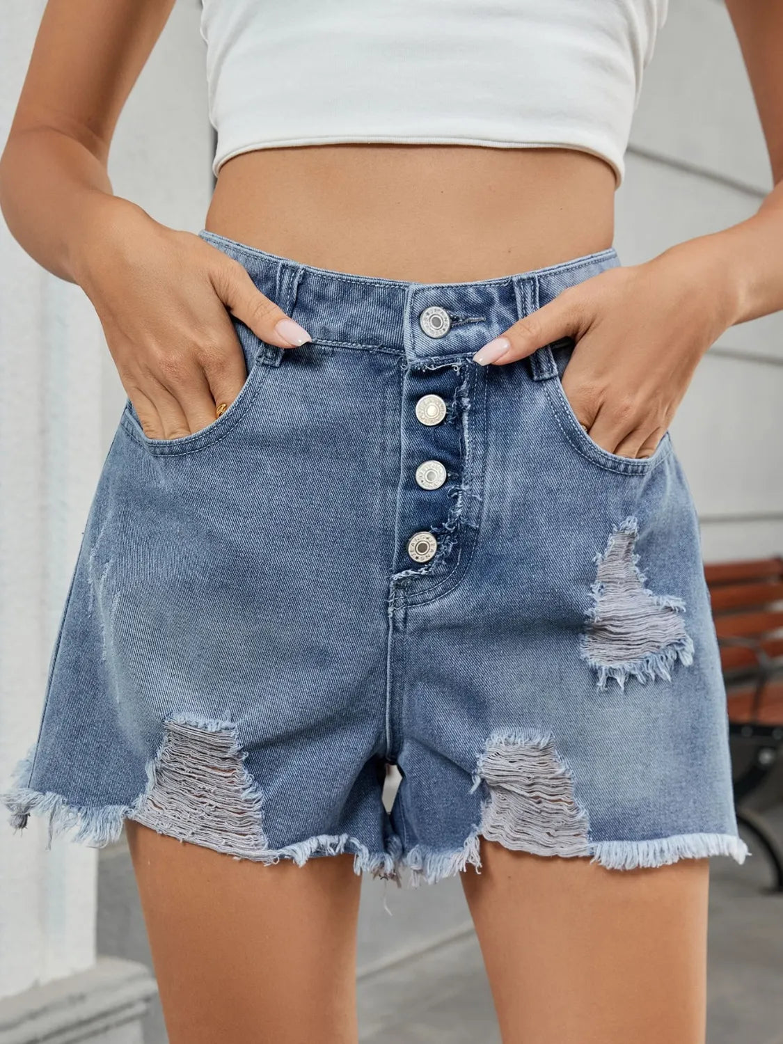 Distressed Raw Hem Denim Shorts