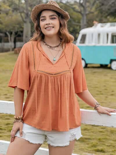 Plus Size Ruched Tie Neck Half Sleeve Blouse - Clothes For Her Online Store