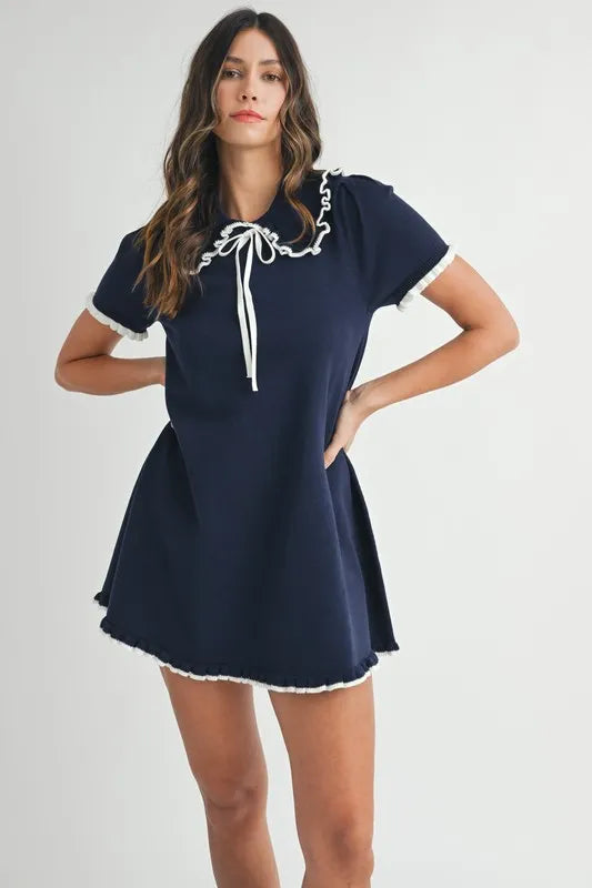MABLE Ruffle Trimmed Collar Fine Knit Mini Dress