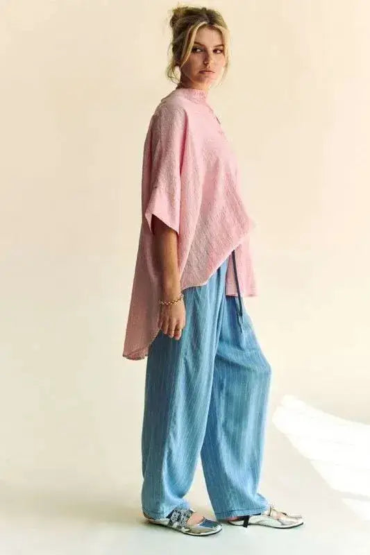 Davi & Dani Rhinestone Pleat Back Short Sleeve Loose Fit Shirt - Clothes For Her Online Store
