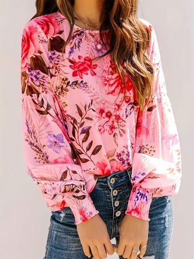 Smocked Printed Round Neck Lantern Sleeve Blouse