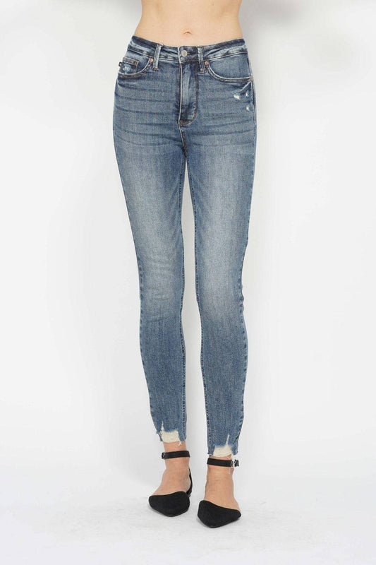 Judy Blue Full Size Tummy Control Vintage Wash Hem Destroy Skinny Jeans - Clothes For Her Online Store