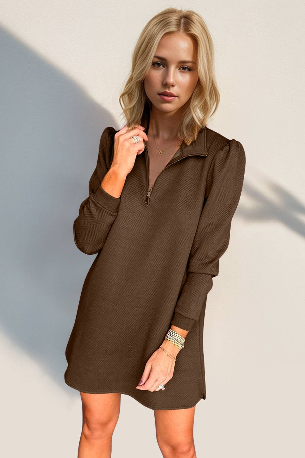 Double Take Textured Quarter Zip Long Sleeve Dress - Clothes For Her Online Store