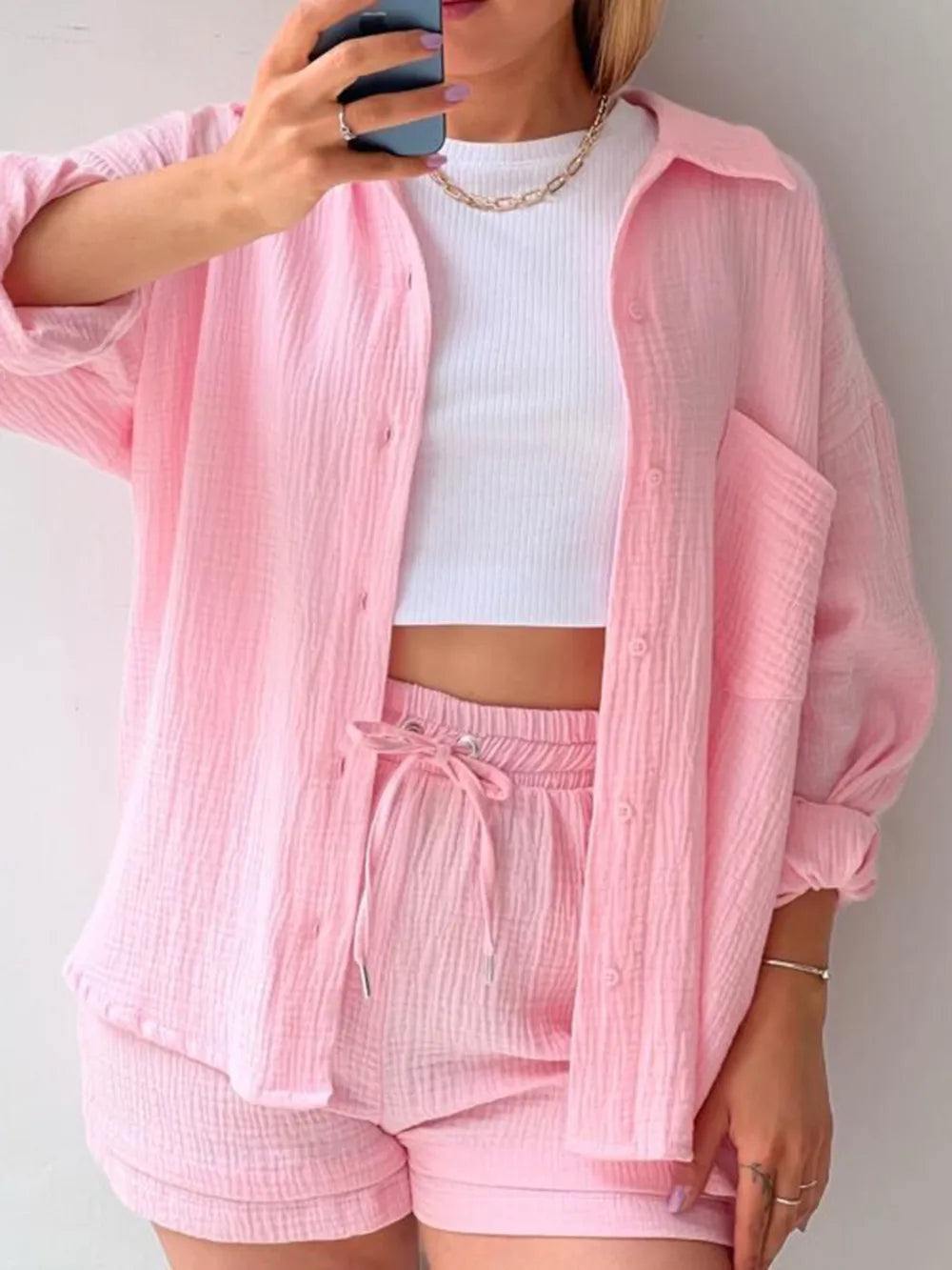 Texture Button Up Shirt and Drawstring Shorts Set - Clothes For Her Online Store