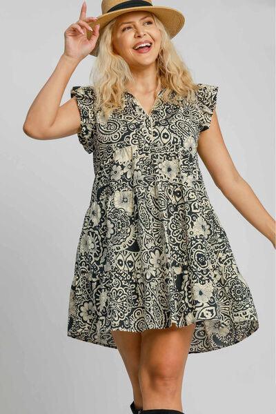 Umgee Full Size Printed Ruffle Cap Sleeve Babydoll Dress Plus Size