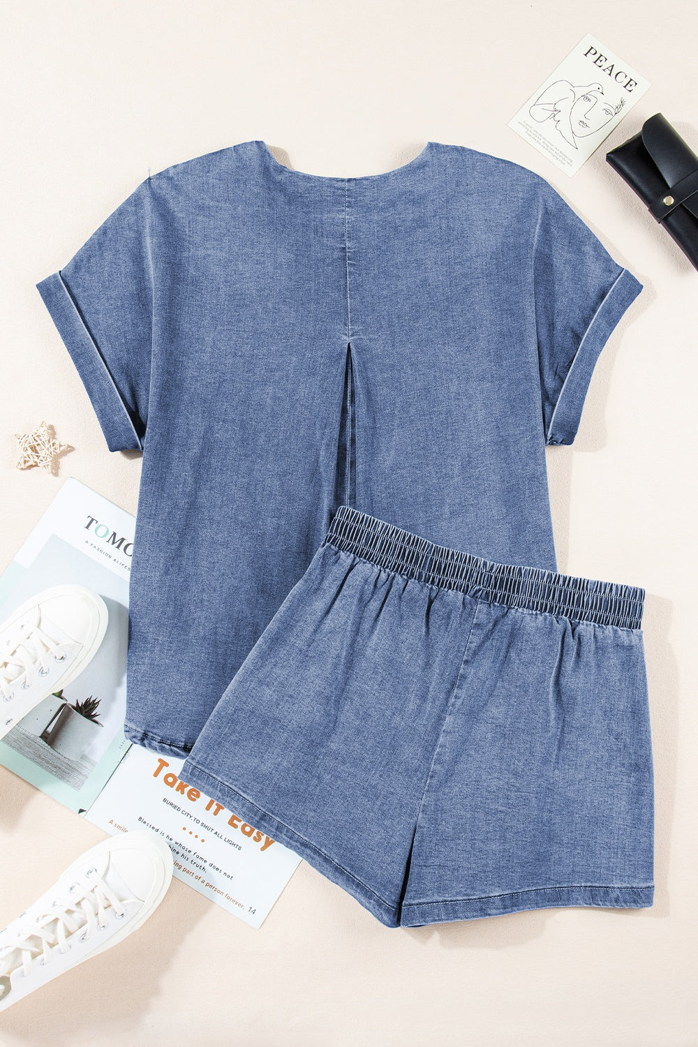 Round Neck Short Sleeve Top and Shorts Denim Set - Clothes For Her Online Store