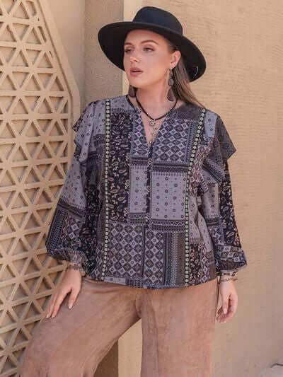 Plus Size Ruffled Printed Notched Long Sleeve Blouse - Clothes For Her Online Store