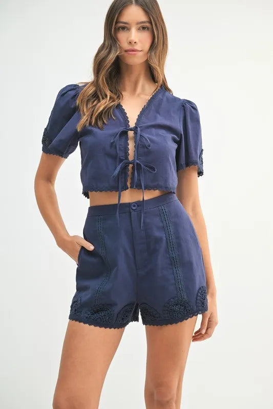 MABLE Crochet Lace Detail Crop Top and Shorts Set - Clothes For Her Online Store