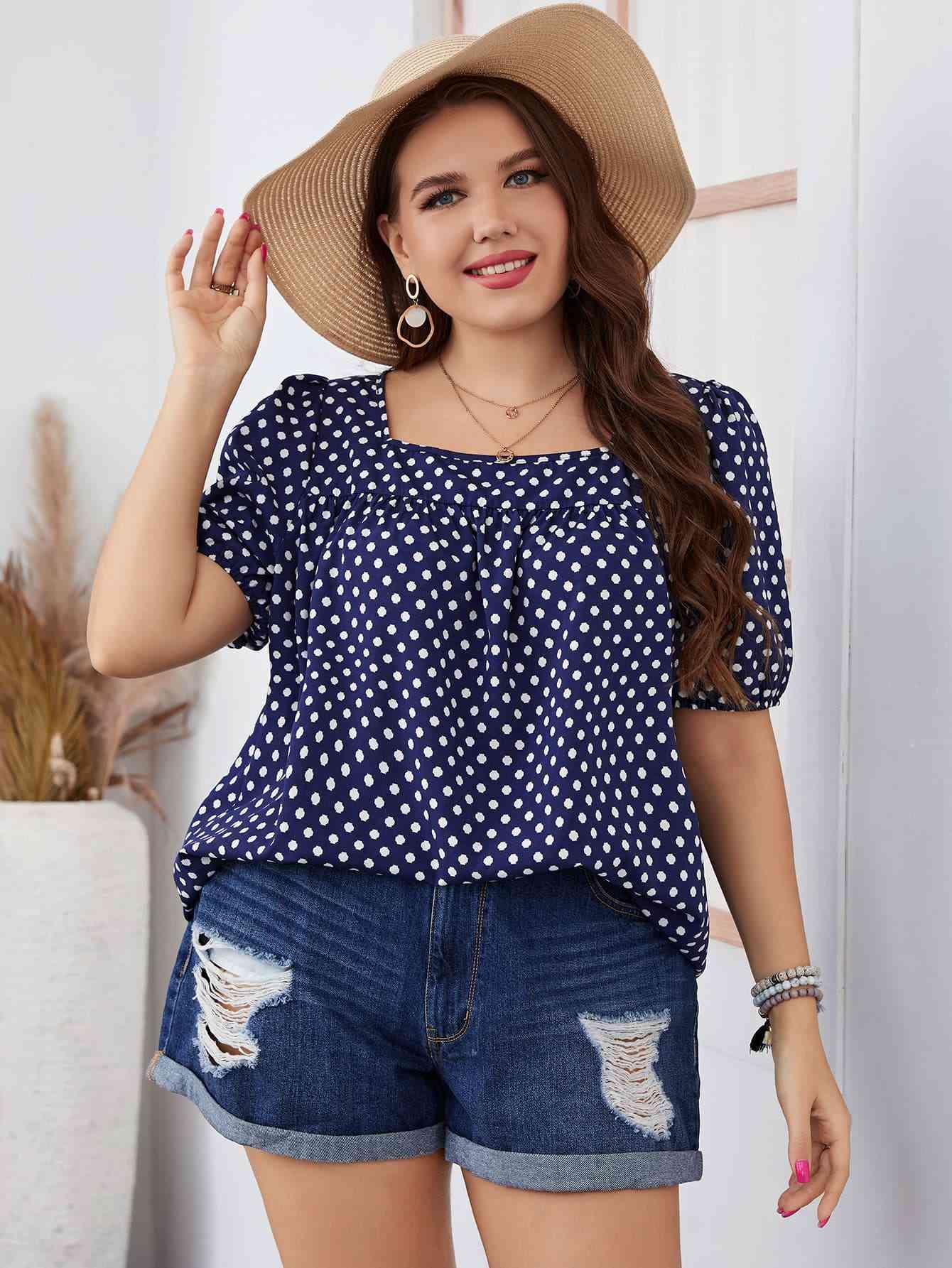 Honey Plus Size Polka Dot Square Neck Blouse - Clothes For Her Online Store