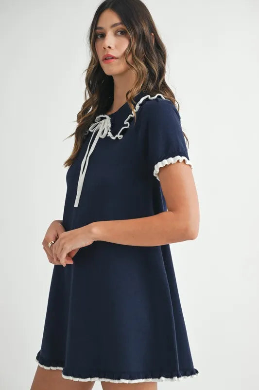 MABLE Ruffle Trimmed Collar Fine Knit Mini Dress