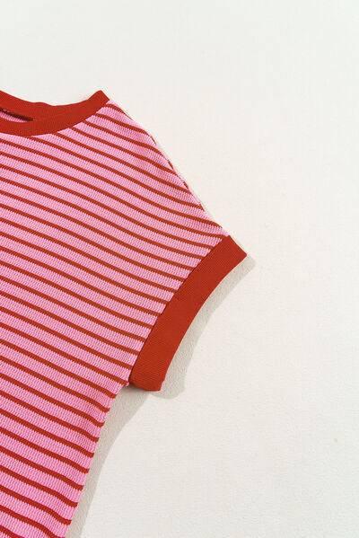 Contrast Striped Round Neck Short Sleeve T-Shirt