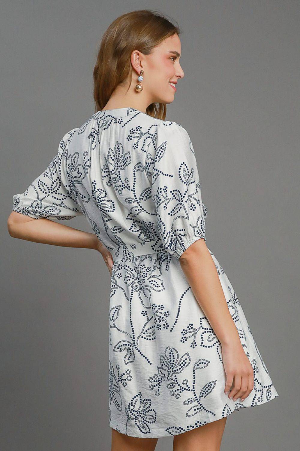 Umgee Full Size Floral Print Notched Puff Sleeve Mini Dress Plus Size - Clothes For Her Online Store
