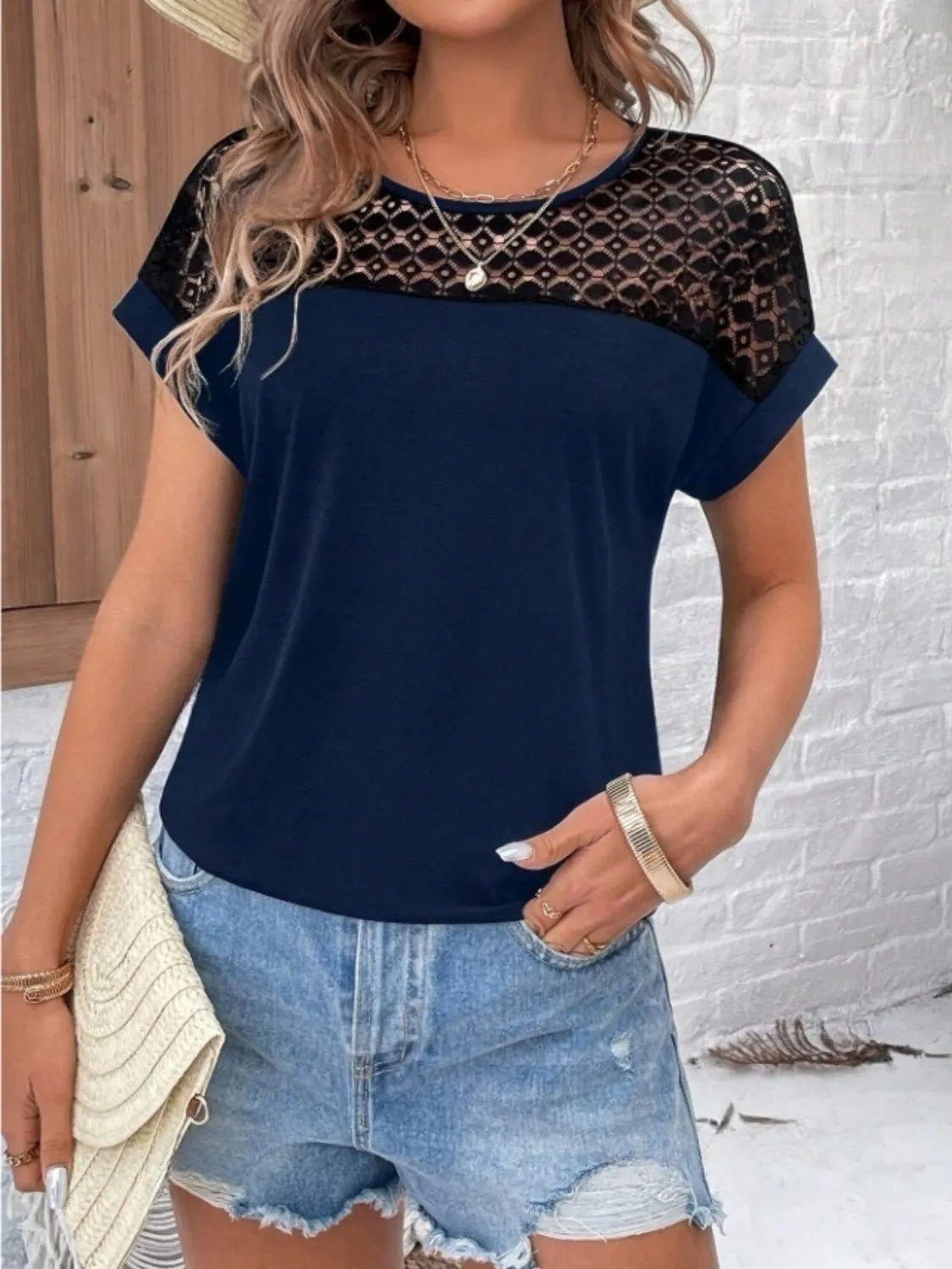 Lace Round Neck Short Sleeve T-Shirt