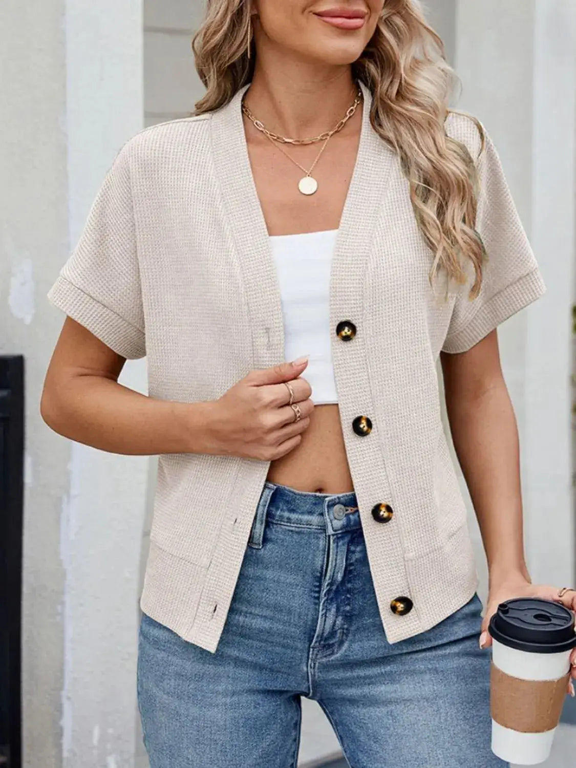 Waffle Knit Button Down Short Sleeve Top - Clothes For Her Online Store