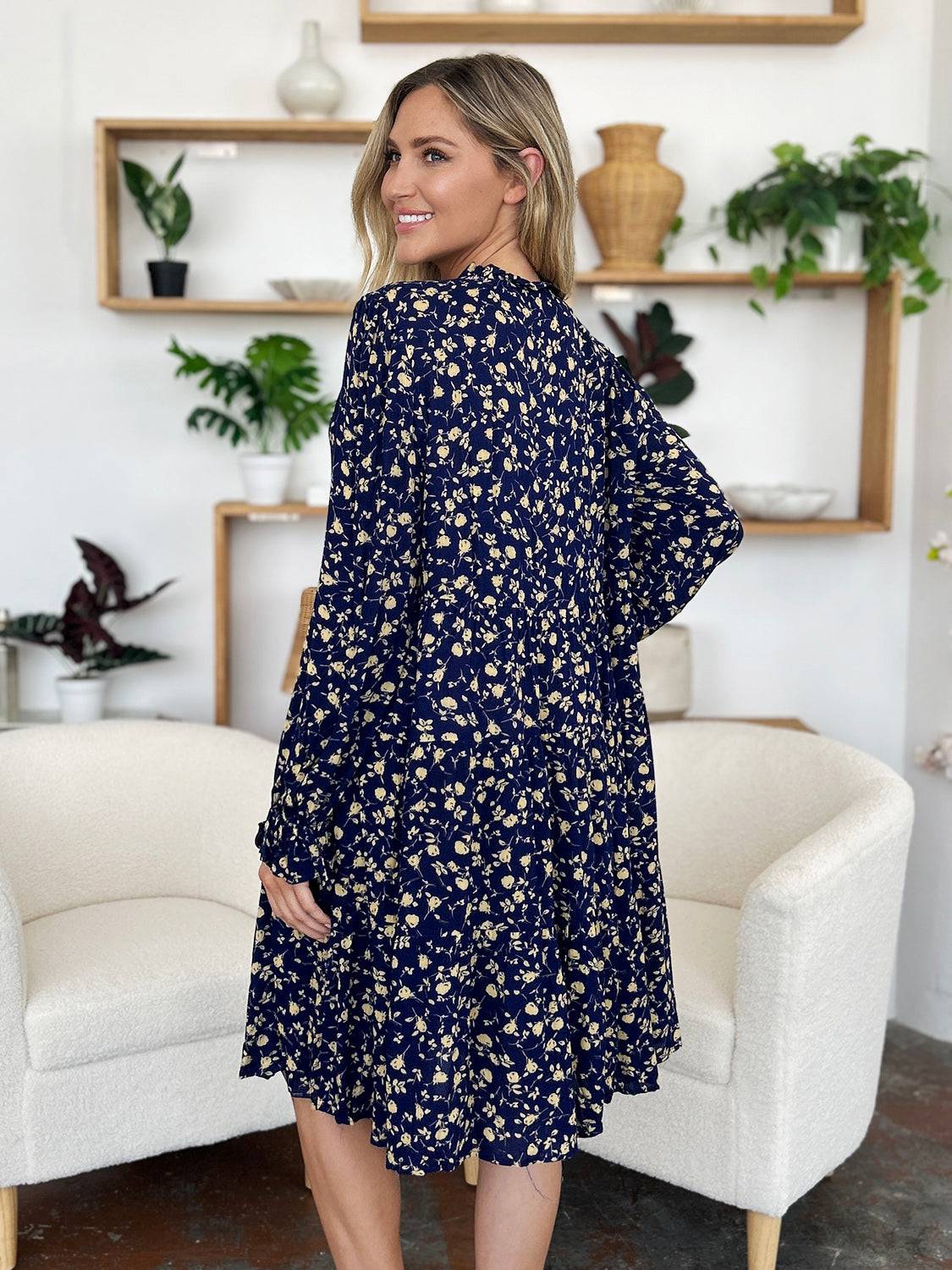 Double Take Full Size Printed Ruffle Hem Long Sleeve Tiered Dress - Clothes For Her Online Store