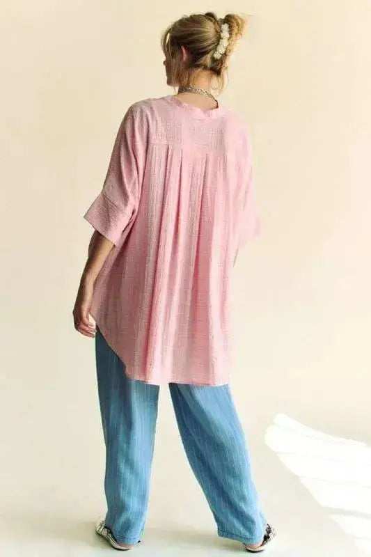 Davi & Dani Rhinestone Pleat Back Short Sleeve Loose Fit Shirt - Clothes For Her Online Store