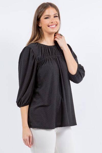 Celeste Full Size Puff Sleeve and Bow Detail Top Plus Size