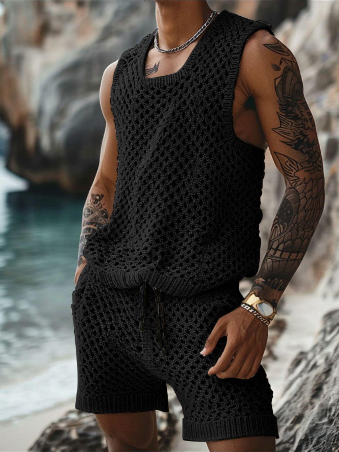 Men's Plus Size Hollow Out Round Neck Tank and Shorts Set