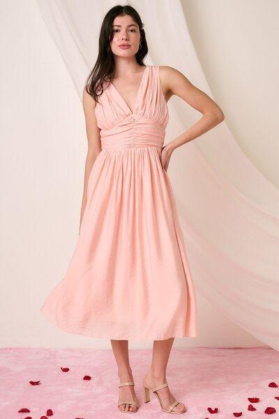 Mittoshop Ruched V-Neck Sleeveless Midi Dress - Clothes For Her Online Store