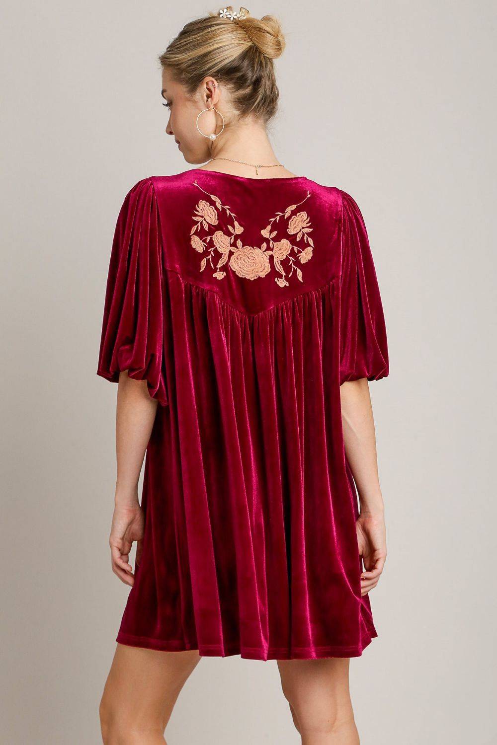 Umgee Embroidered Half Sleeve Velvet Mini Dress with Tassel - Clothes For Her Online Store