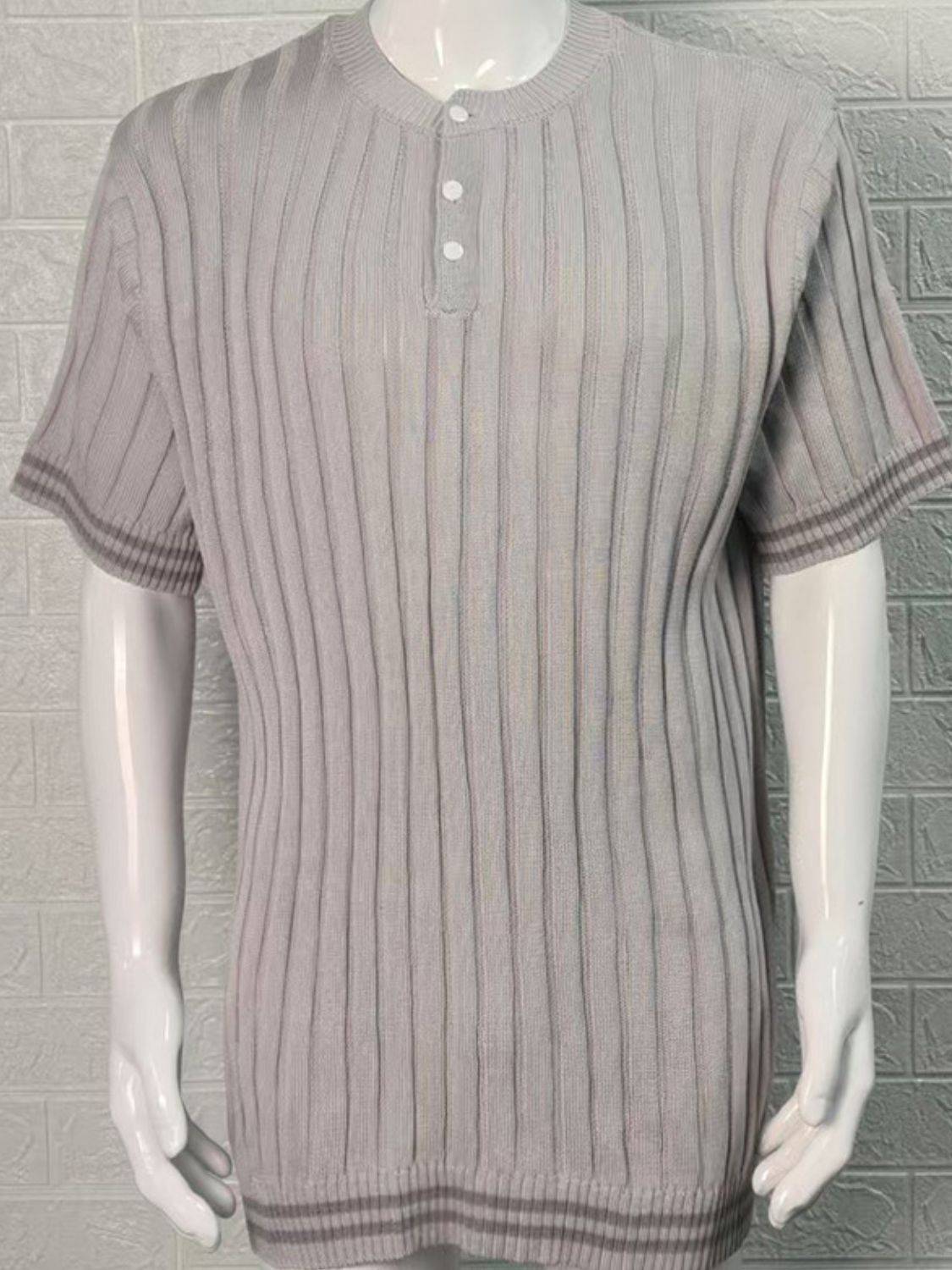 Men's Plus Size Ribbed Quarter Button Round Neck Striped Trim Polo