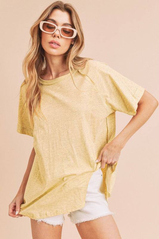 Aemi + Co Asymmetrical Front Slit Round Neck Raglan Sleeve T-Shirt - Clothes For Her Online Store