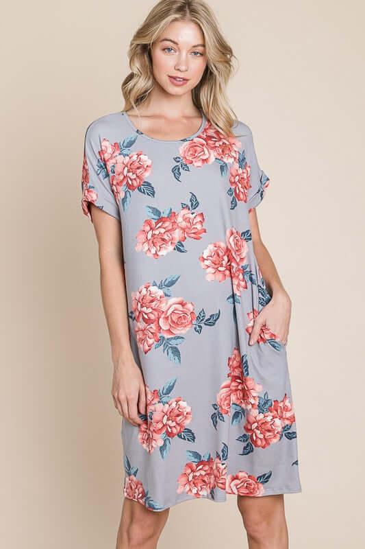 BOMBOM Floral Round Neck Short Tee Dress with Pockets - Clothes For Her Online Store
