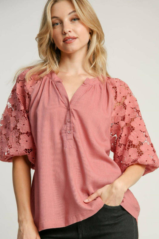 Umgee Full Size Lace Puff Sleeve Top Plus Size - Clothes For Her Online Store