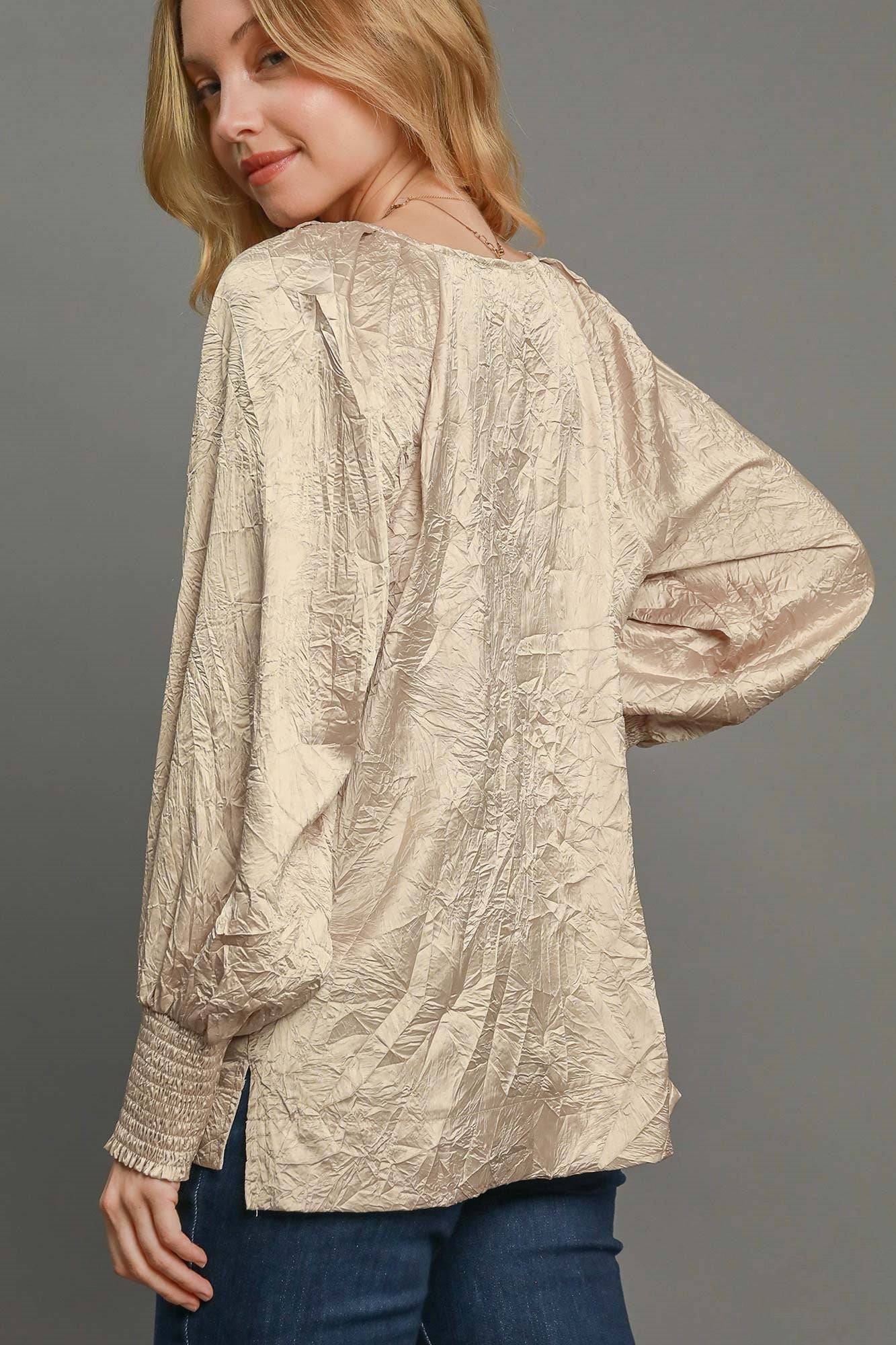 Umgee Wrinkled Round Neck Lantern Sleeve Blouse - Clothes For Her Online Store
