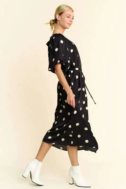 Davi & Dani Polka Dot Puff Sleeves Waist Tie Midi Dress - Clothes For Her Online Store