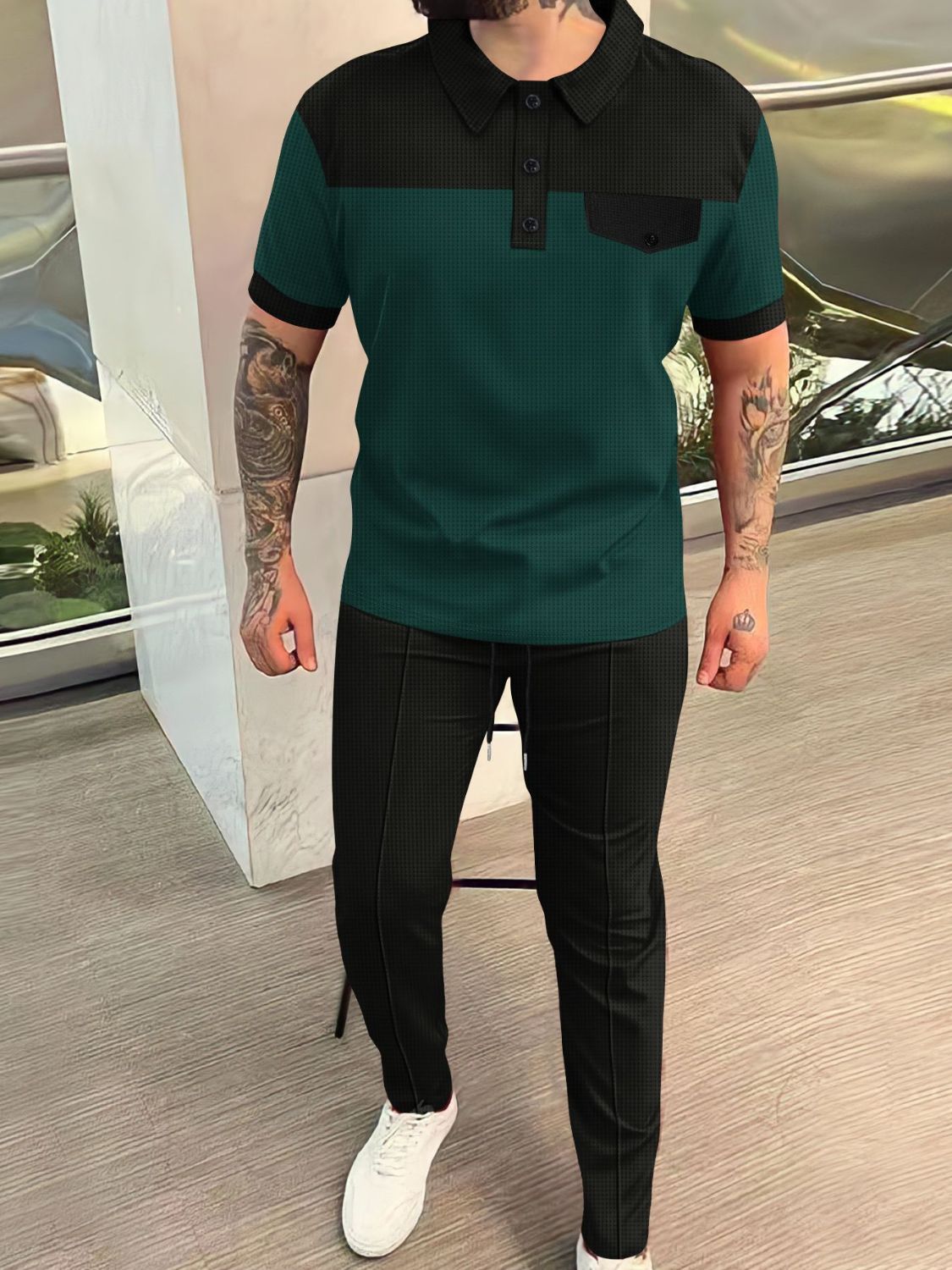 Men‘s Full Size Waffle-Knit Contrast Top and Pants Set Plus Size - Clothes For Her Online Store