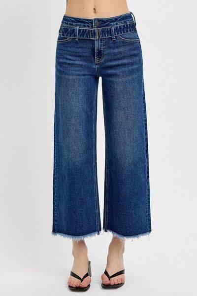 RISEN Raw Hem Wide Leg Attached Buckle Jeans - Clothes For Her Online Store