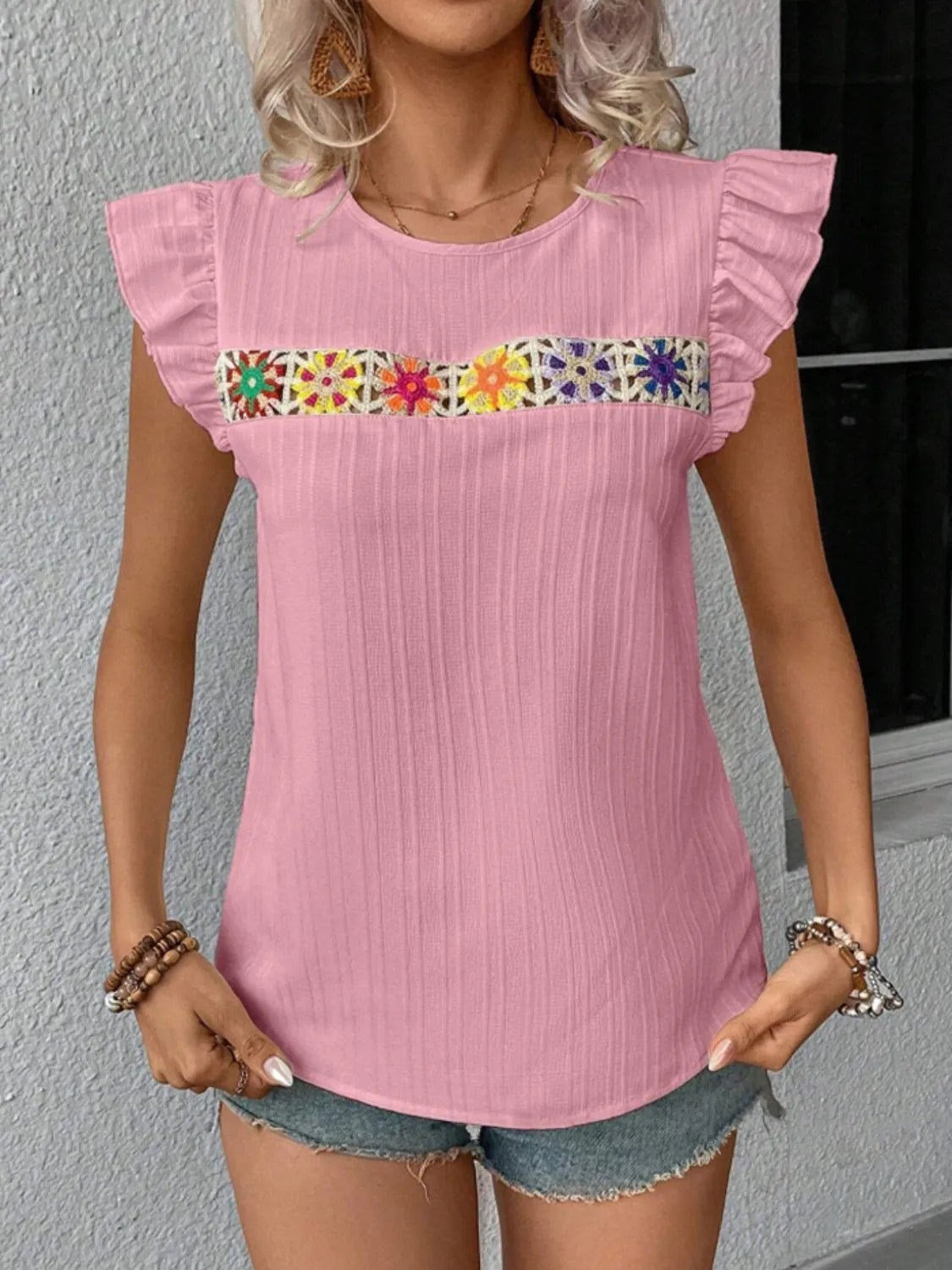 Ruffled Round Neck Cap Sleeve Blouse