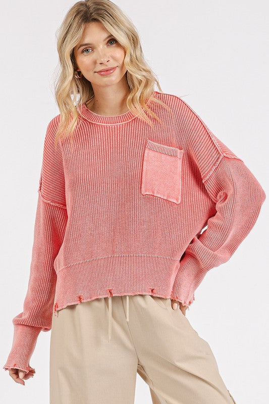 Mittoshop Distressed Hem Round Neck Dropped Shoulder Sweater - Clothes For Her Online Store
