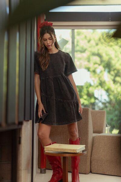 Annie Wear Mineral Washed Round Neck Short Sleeve Denim Dress - Clothes For Her Online Store
