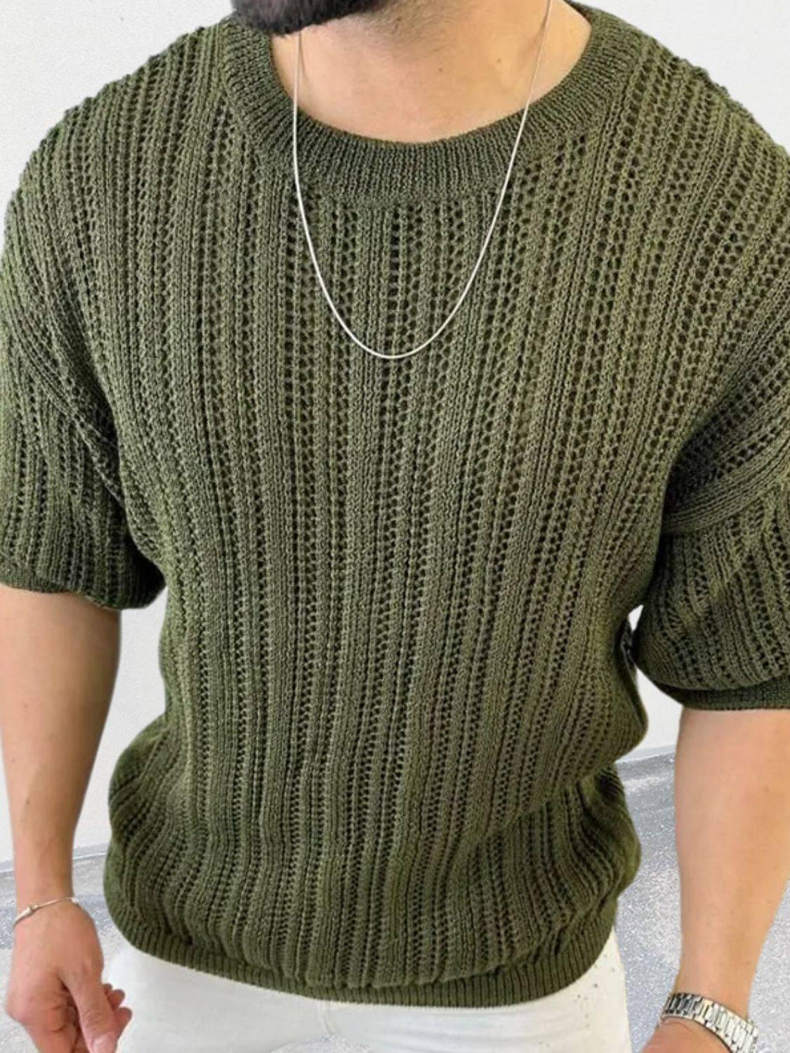 Men's Openwork Round Neck Knit T-Shirt - Clothes For Her Online Store