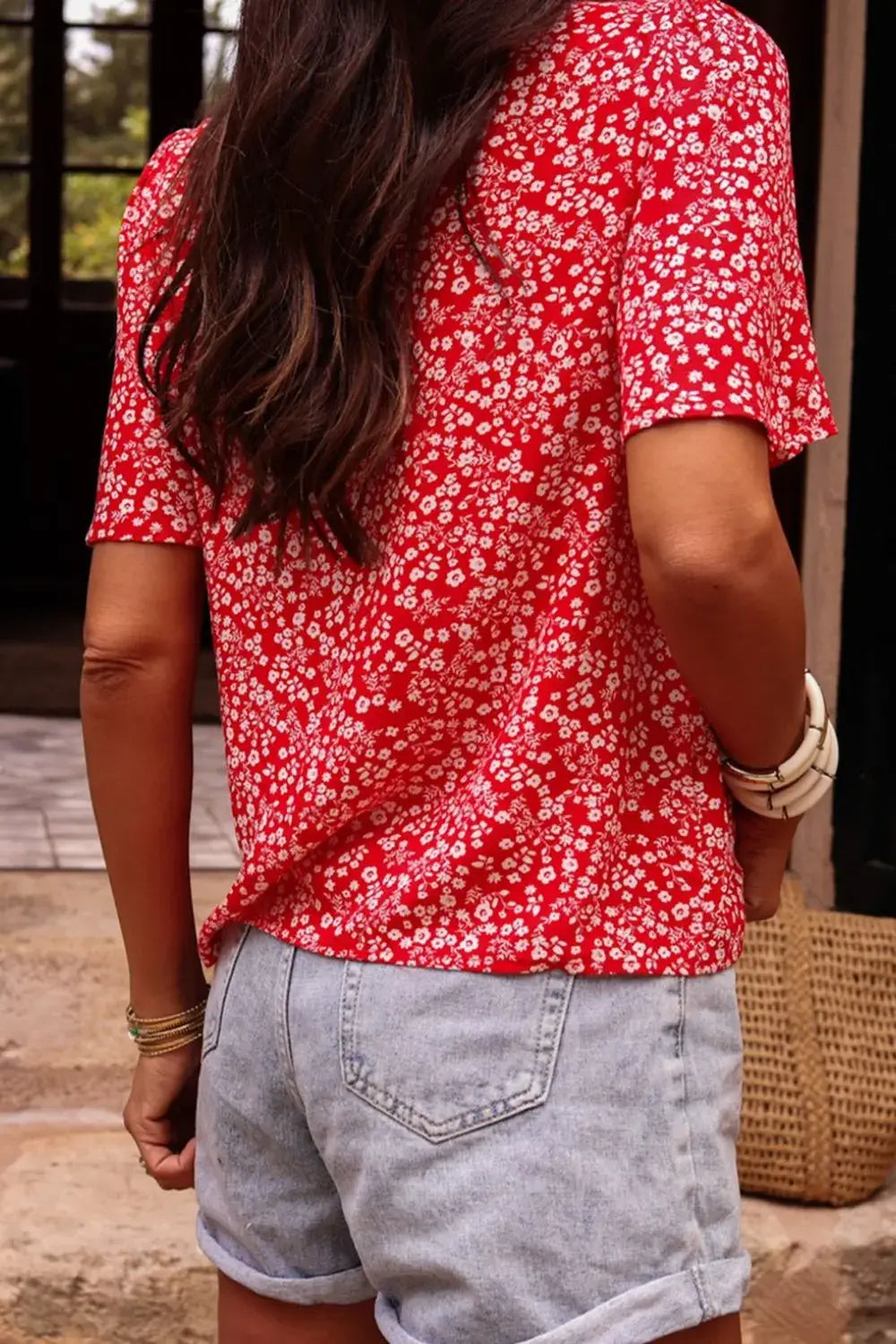 Boho Floral Printed Half Sleeve Knotted V Neck Blouse