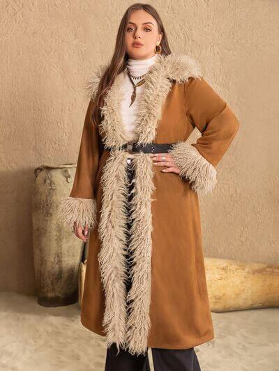 Plus Size Furry Trim Open Front Long Sleeve Coat - Clothes For Her Online Store