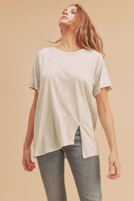 Aemi + Co Asymmetrical Front Slit Round Neck Raglan Sleeve T-Shirt