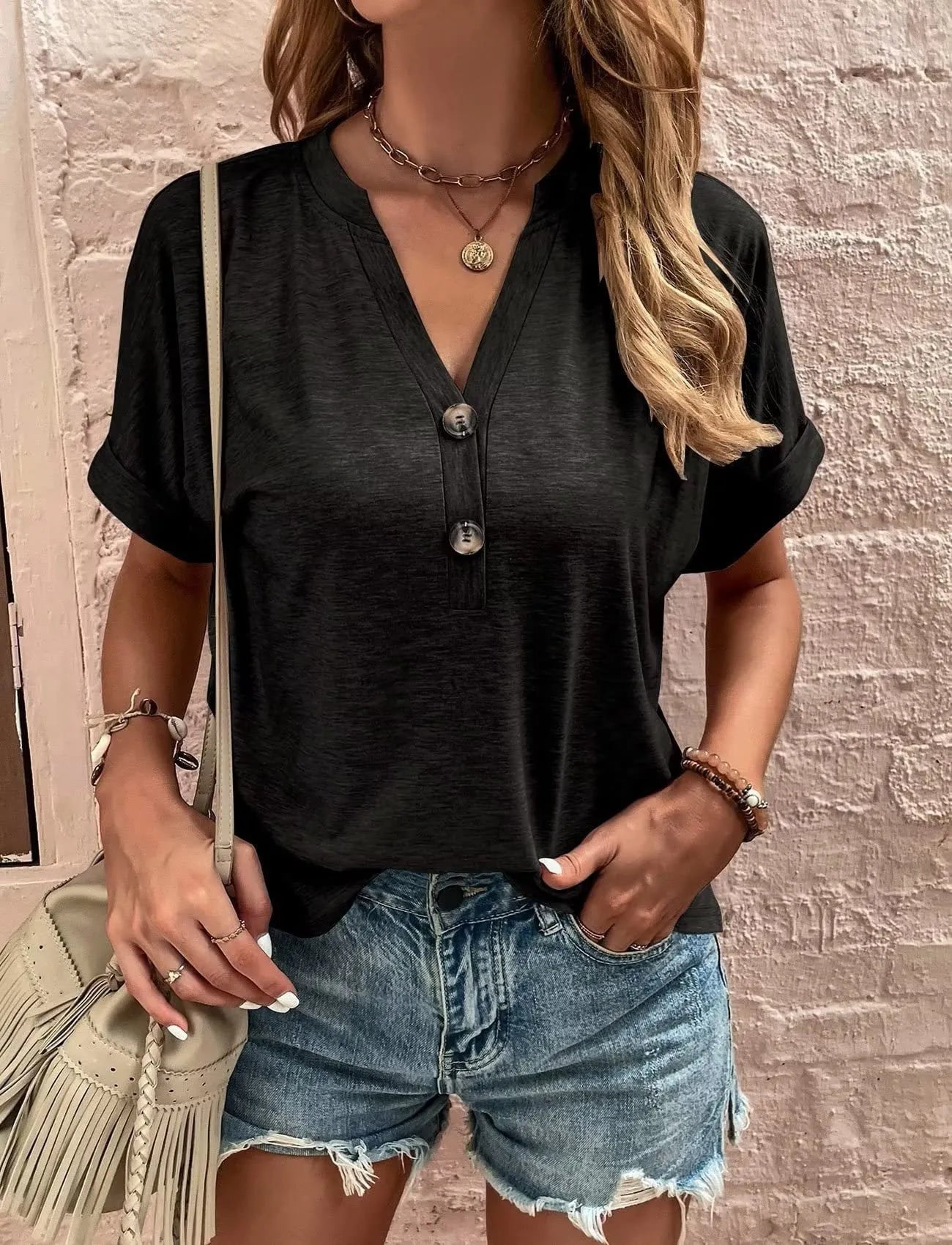 Full Size Casual Notched Short Sleeve Blouse Plus Size