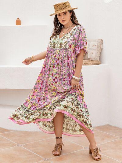 Plus Size Floral Tie Neck Flutter Sleeve Maxi Dress