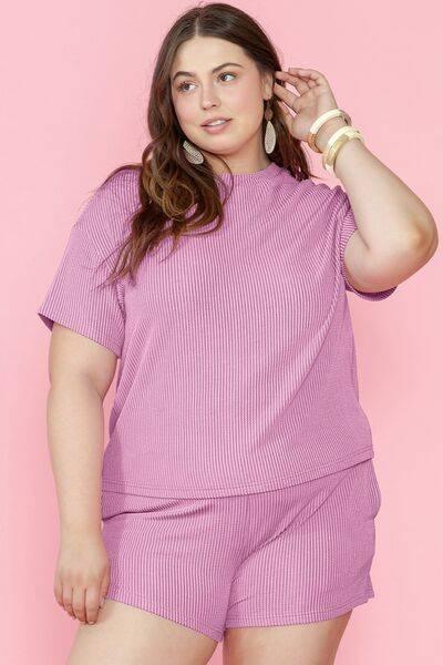 Plus Size Round Neck Short Sleeve Top and Shorts Set - Clothes For Her Online Store